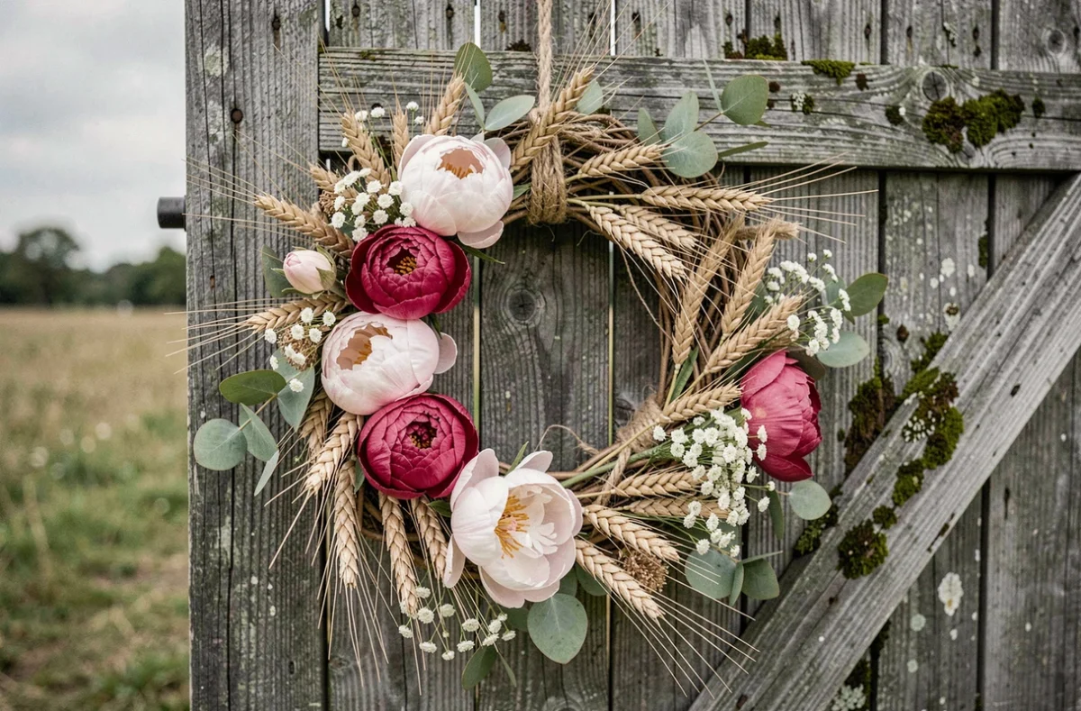 Couronne de fleurs séchées rustique avec pivoines, épis de blé et eucalyptus accrochée sur une vieille porte de grange en bois