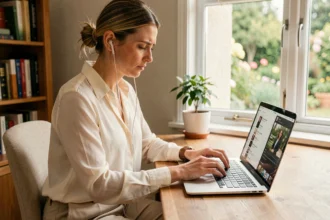 Femme créant une playlist musicale pour un mariage sur son ordinateur portable dans un bureau chaleureux