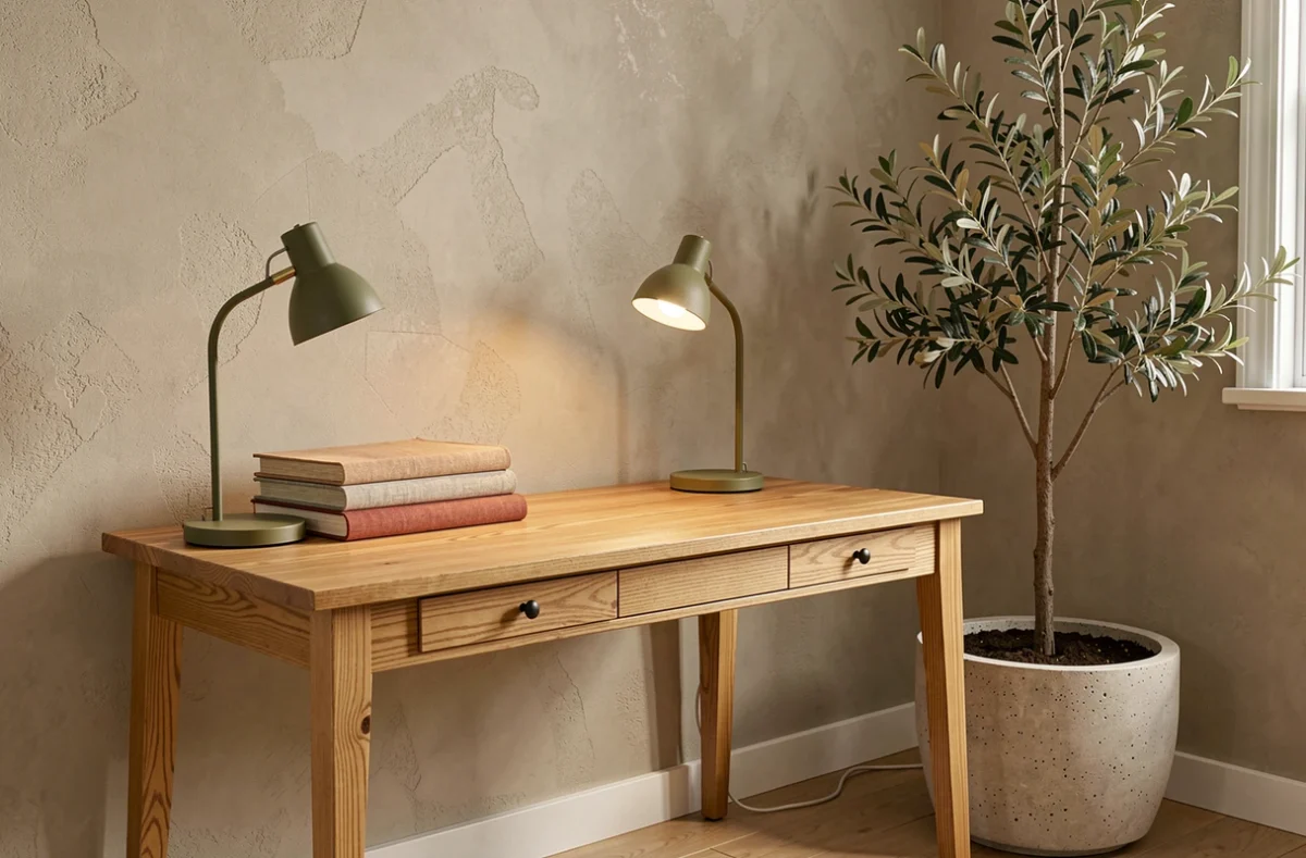 Bureau intérieur en bois miel avec accessoires en vert olive, sable et rouille pour illustrer les couleurs assorties au miel