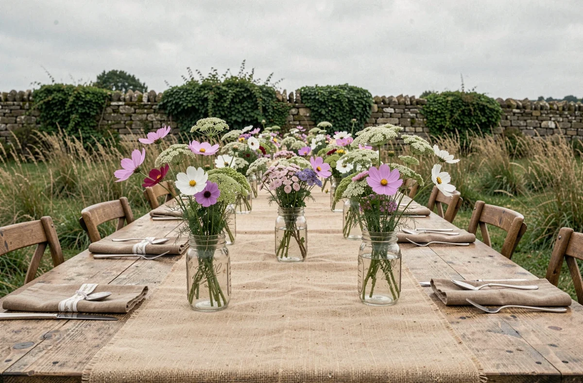 Table de ferme décorée de bocaux en verre remplis de fleurs sauvages rustiques comme cosmos et achillée millefeuille sur chemin de table en jute