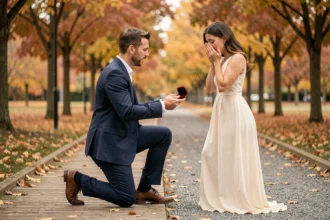 Homme agenouillé faisant sa demande en fiançailles à une femme surprise dans un parc en automne