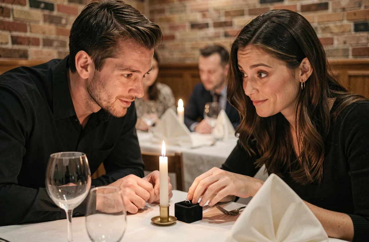 Couple lors d'une demande en fiançailles dans un restaurant romantique avec bague sur la table