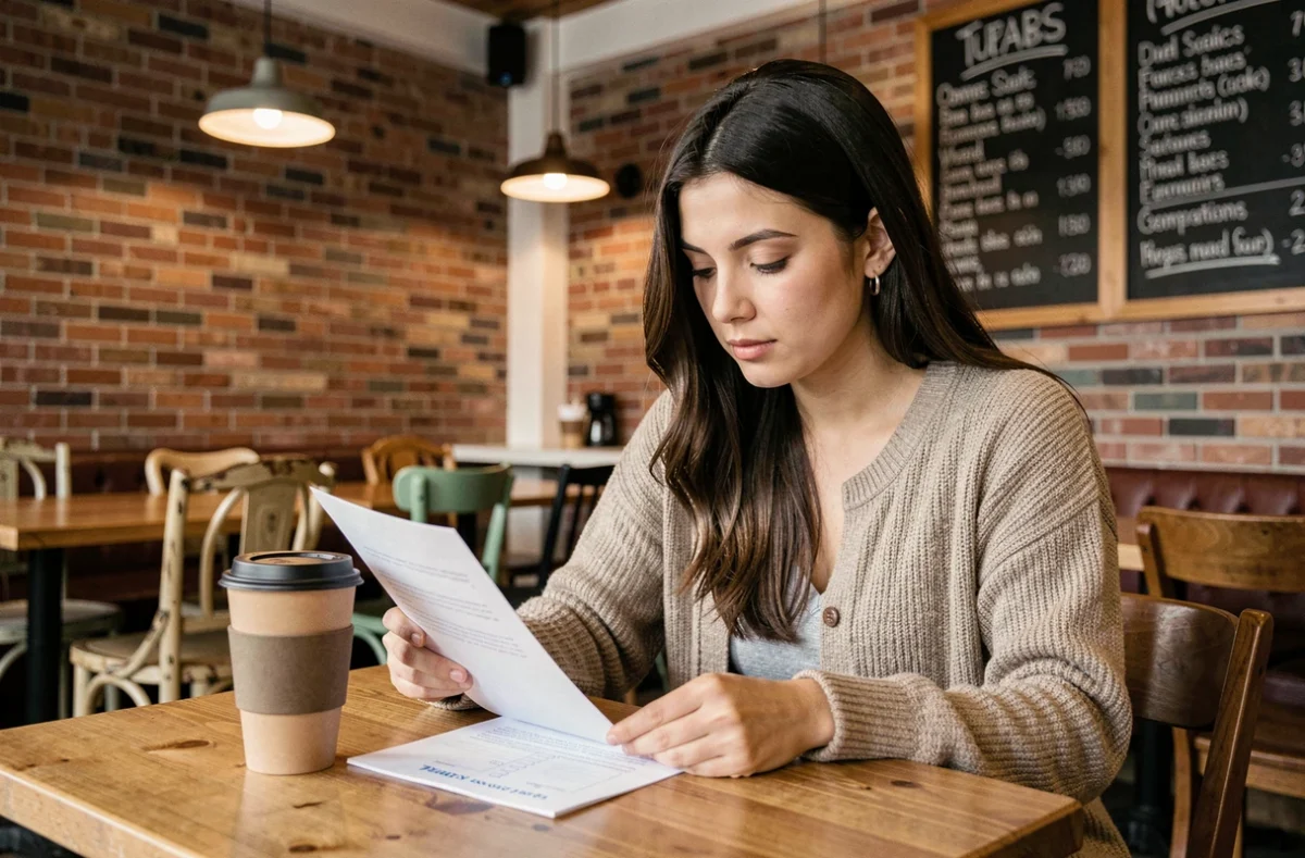 Jeune femme consultant les démarches administratives pour se marier rapidement à Los Angeles dans un café