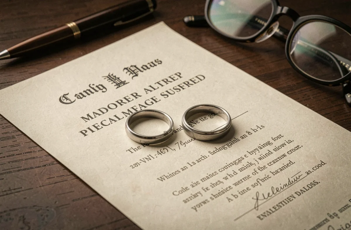 Deux alliances posées sur un acte de mariage symbolisant la bigamie et les implications juridiques du mariage avec deux personnes