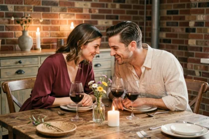 Couple partageant un dîner romantique aux chandelles dans un appartement cosy avec murs en briques apparentes