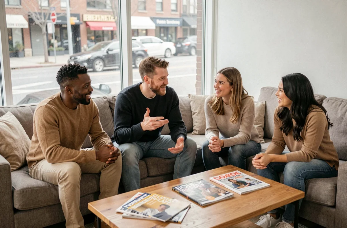 Un groupe mixte d'adultes en discussion animée dans un salon sur les rôles de genre dans la séduction et la demande amoureuse