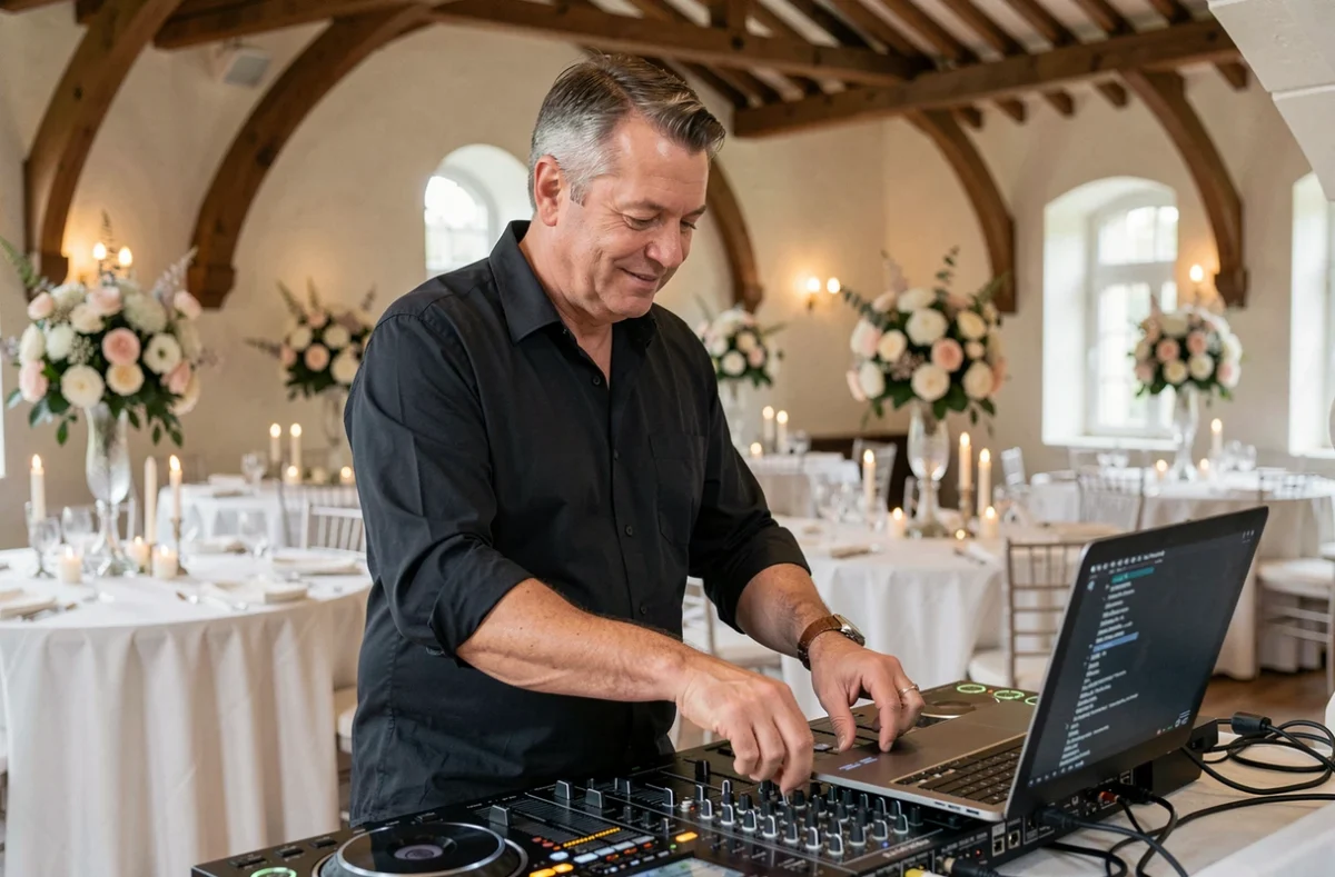 DJ professionnel préparant sa setlist musicale dans une salle de réception de mariage élégante