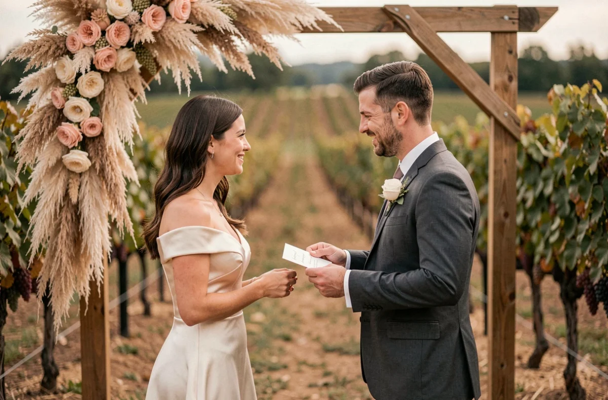 Couple de mariés échangeant leurs vœux devant un arche fleurie dans un vignoble en plein air