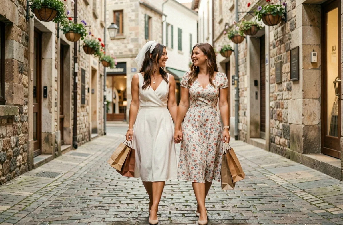 Deux amies se promenant en ville lors d'un enterrement de vie de jeune fille, future mariée avec voilette et sacs de shopping