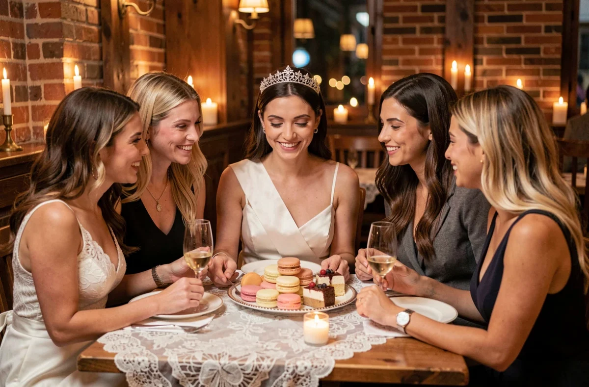 Mariée entourée de ses amies lors d'un EVJF dans un restaurant décoré avec desserts et ambiance chaleureuse