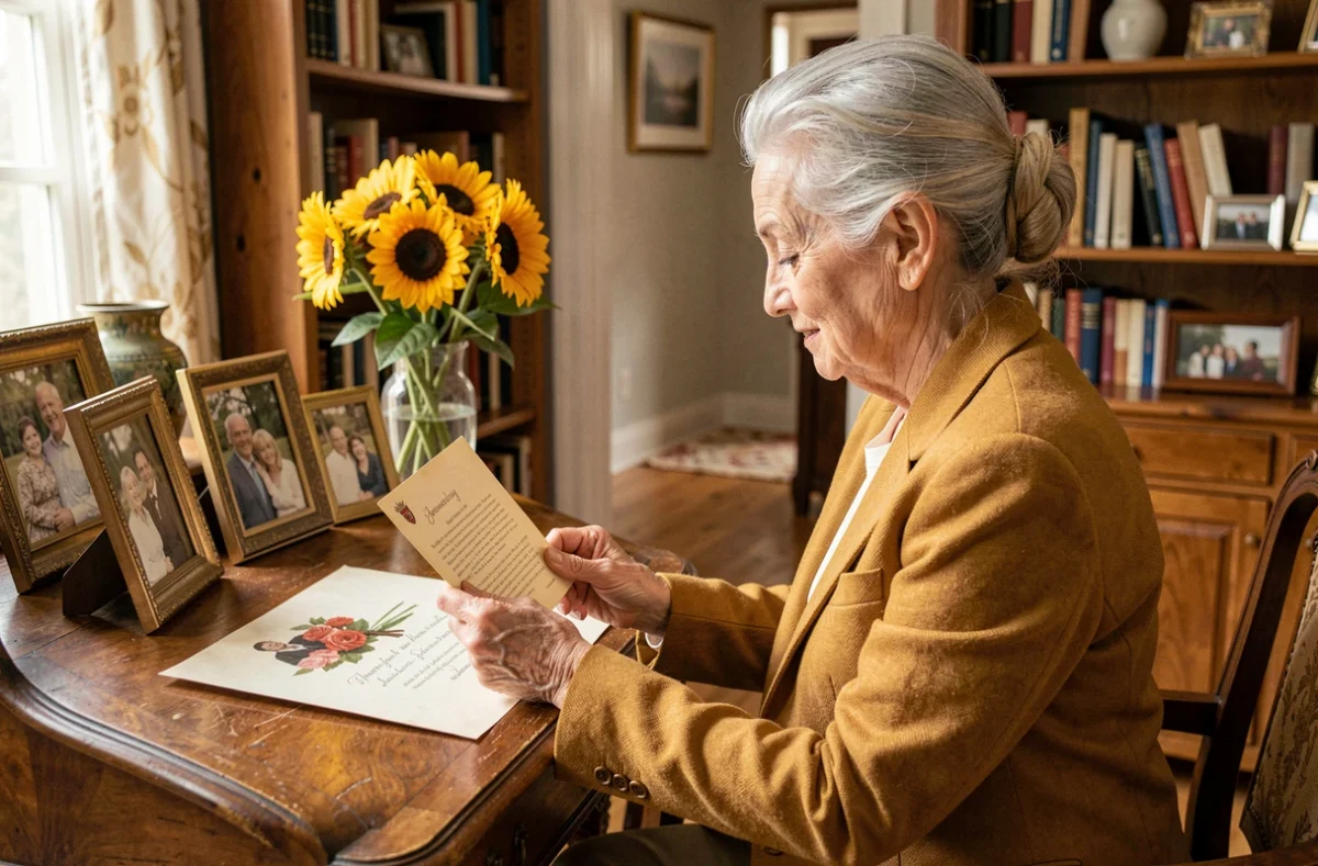 Femme âgée lisant une carte anniversaire entourée de souvenirs pour ses 50 ans de mariage