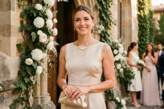 Femme élégante portant des bijoux en or à un mariage devant une église en pierre