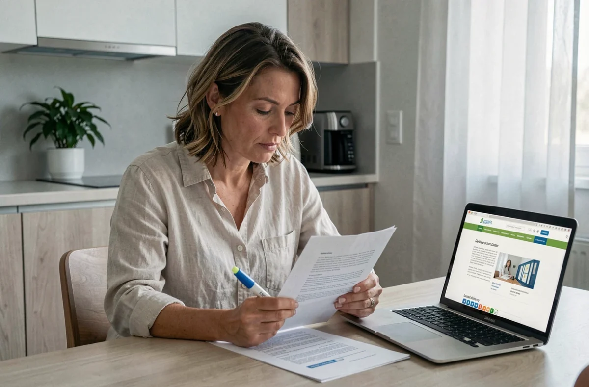 Femme lisant seule des documents légaux à domicile pour comprendre ses droits patrimoniaux hors mariage