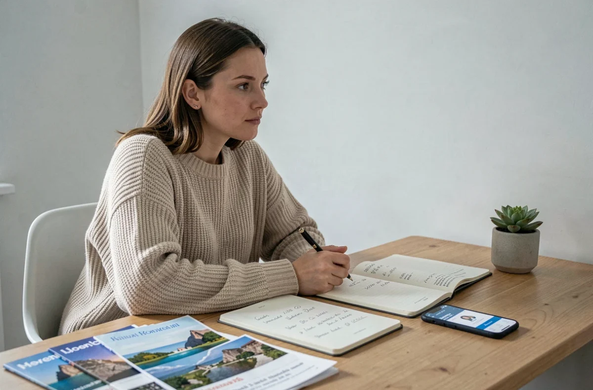Femme comparant les coûts de voyage pour organiser une lune de miel seule à son bureau