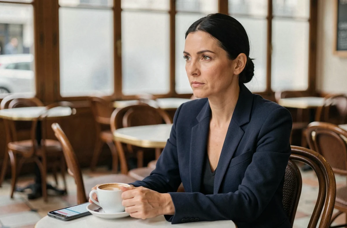 Femme pensive seule dans un café regardant son téléphone, évoquant la complexité émotionnelle et légale d'une situation de double mariage