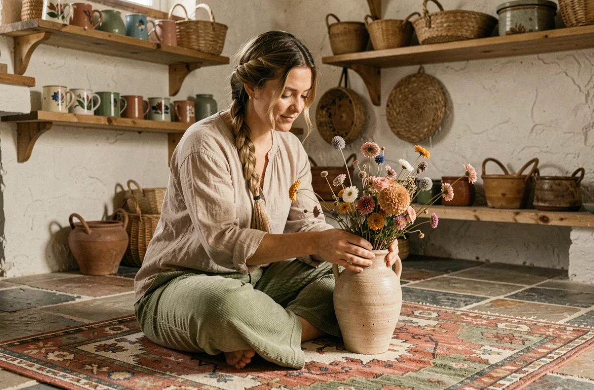 Femme en tenue bohème lin et velours côtelé arrangeant des fleurs séchées dans une poterie artisanale sur un tapis kilim dans une cuisine cottage rustique