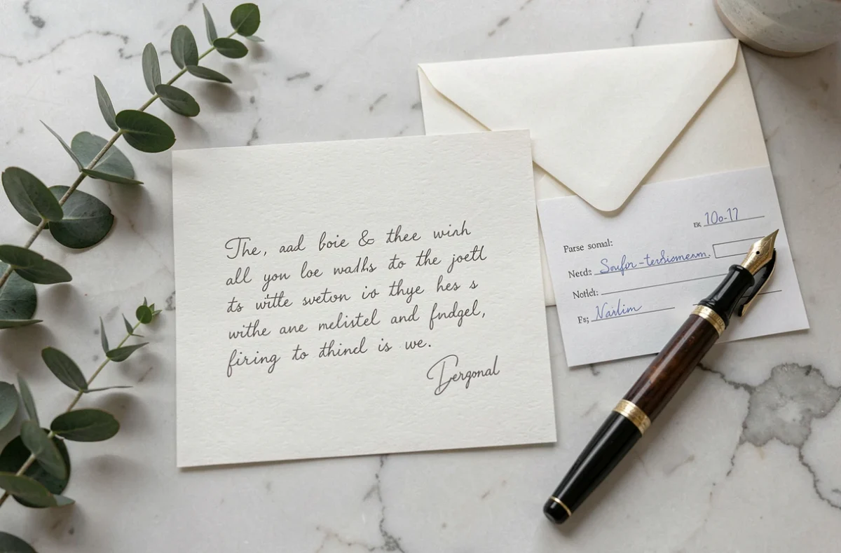 Flat lay d'une carte manuscrite et d'un chèque de mariage sur marbre blanc