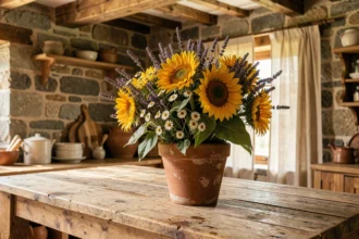 Bouquet rustique de tournesols, lavande séchée et camomille sauvage dans un pot en terre cuite sur une table en bois de grange