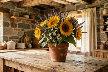 Bouquet rustique de tournesols, lavande séchée et camomille sauvage dans un pot en terre cuite sur une table en bois de grange