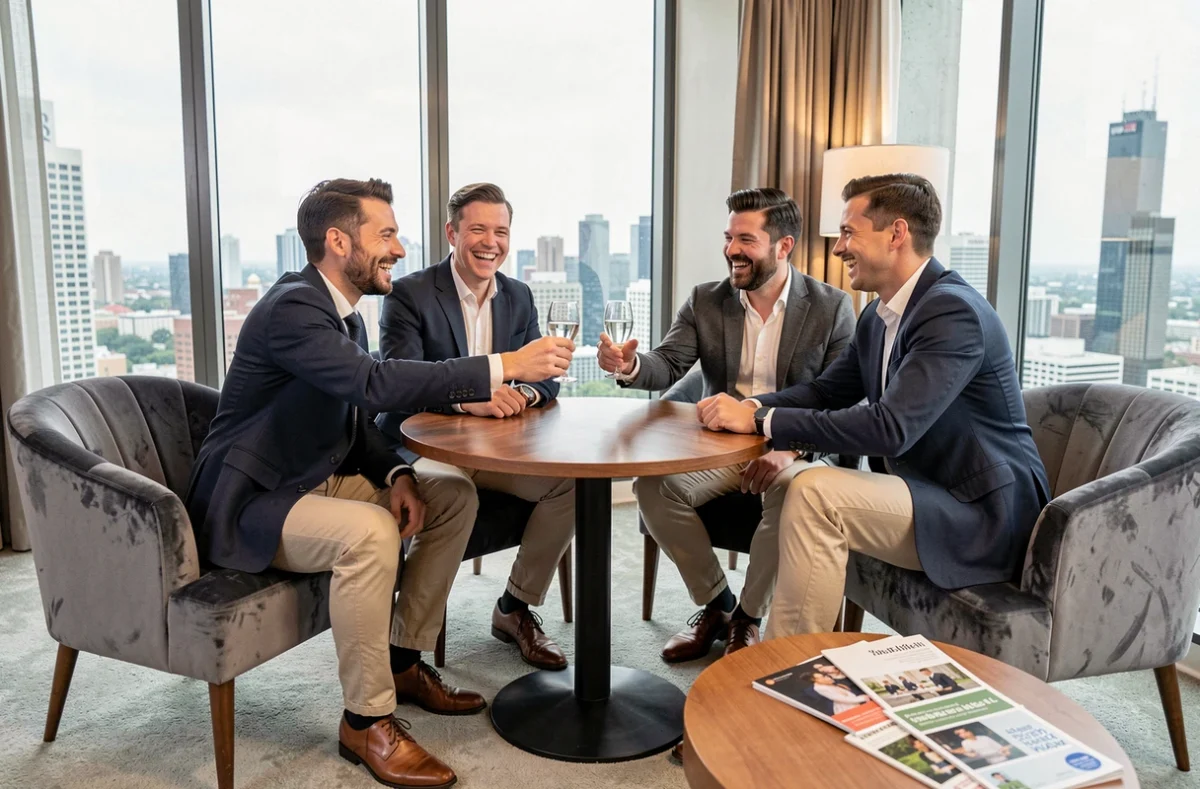 Groupe de garçons d'honneur et marié célébrant dans une suite d'hôtel moderne avec vue sur la ville lors des préparatifs du mariage