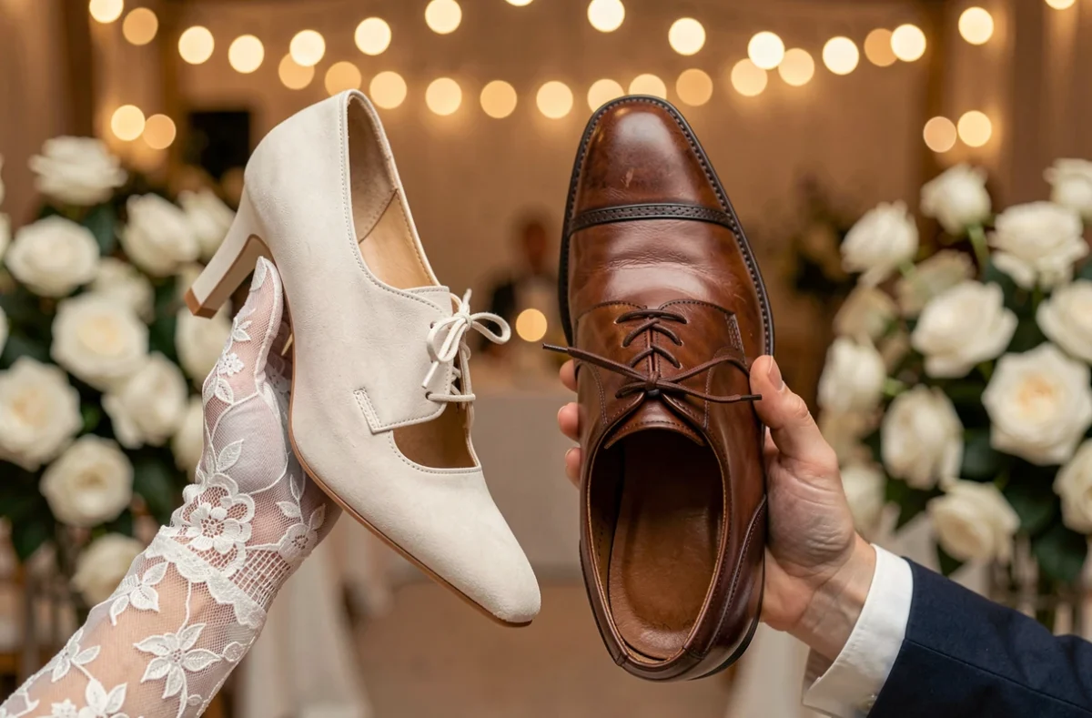 Gros plan sur les mains d'un couple tenant des chaussures lors du jeu des chaussures au mariage