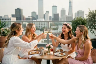 Groupe d'amies réunies pour un enterrement de vie de jeune fille sur un rooftop avec champagne et bonne humeur