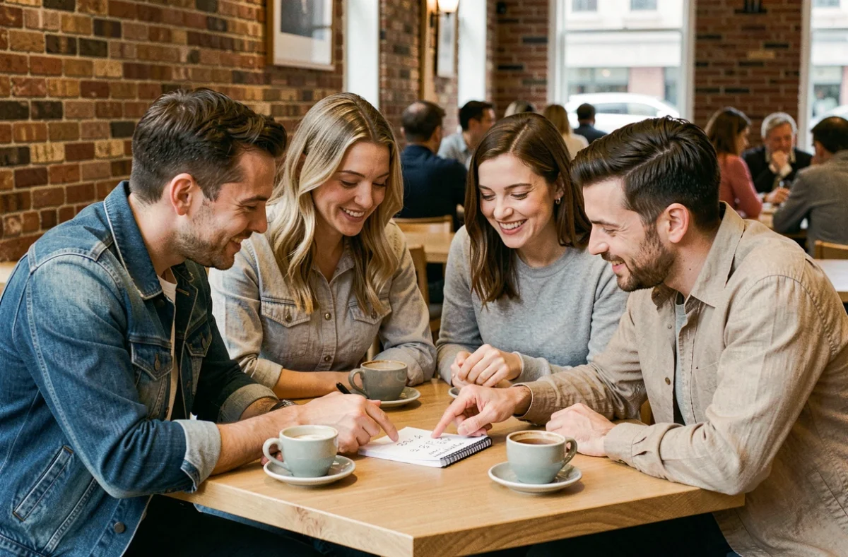 Groupe d'amis discutant du montant à offrir en cadeau de mariage autour d'un café