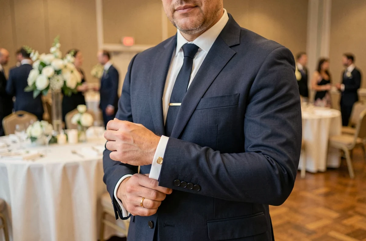 Homme en costume marine avec accessoires en or lors d'une réception de mariage