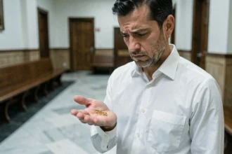Homme tenant deux alliances dans la main devant un tribunal, illustrant la question de la bigamie et du mariage multiple