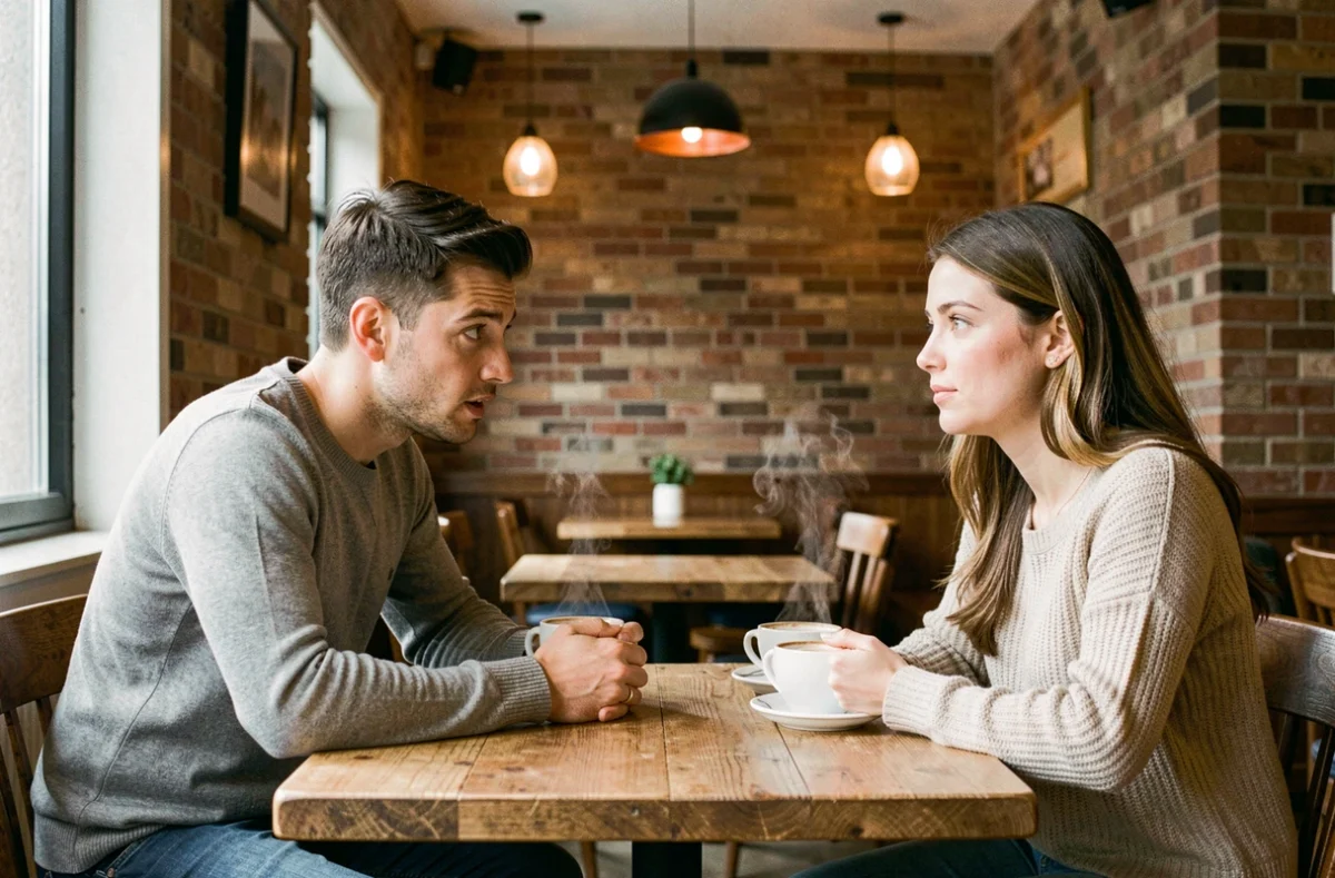 Un homme et une femme lors d'une conversation sérieuse dans un café intimiste, explorant les dynamiques de la séduction