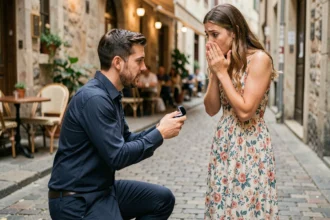 Un homme en chemise bleue fait sa demande en mariage à une femme surprise dans une rue pavée européenne