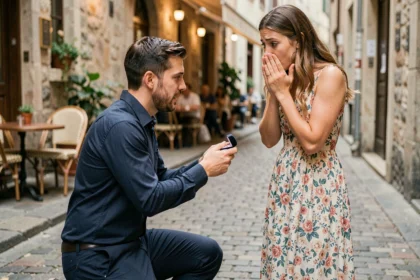 Un homme en chemise bleue fait sa demande en mariage à une femme surprise dans une rue pavée européenne