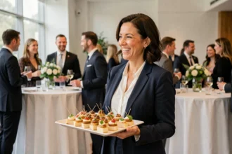 Hôtesse souriante présentant un plateau de canapés lors d'un cocktail dinatoire en salle de réception