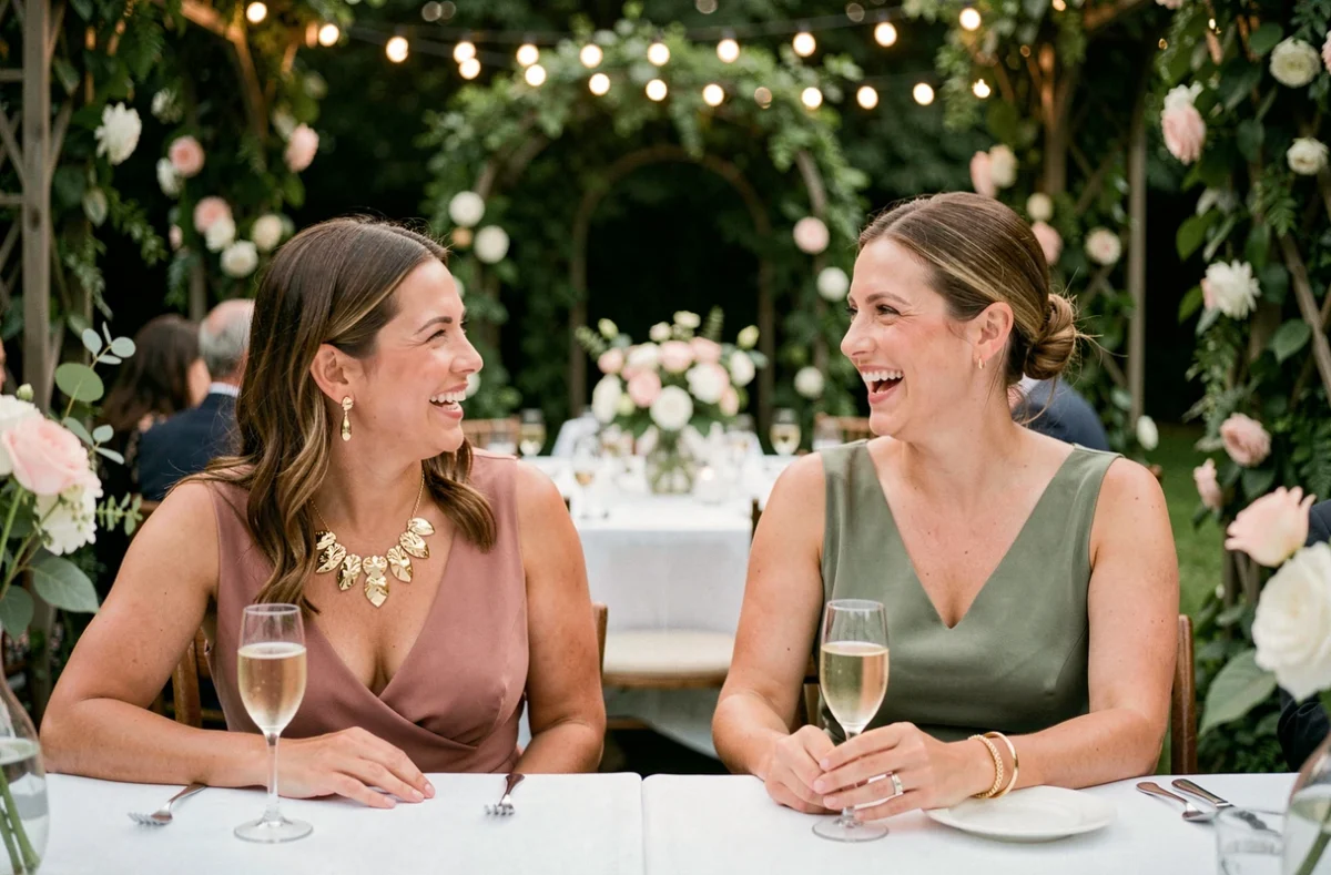 Deux femmes portant des bijoux en or à une réception de mariage en jardin
