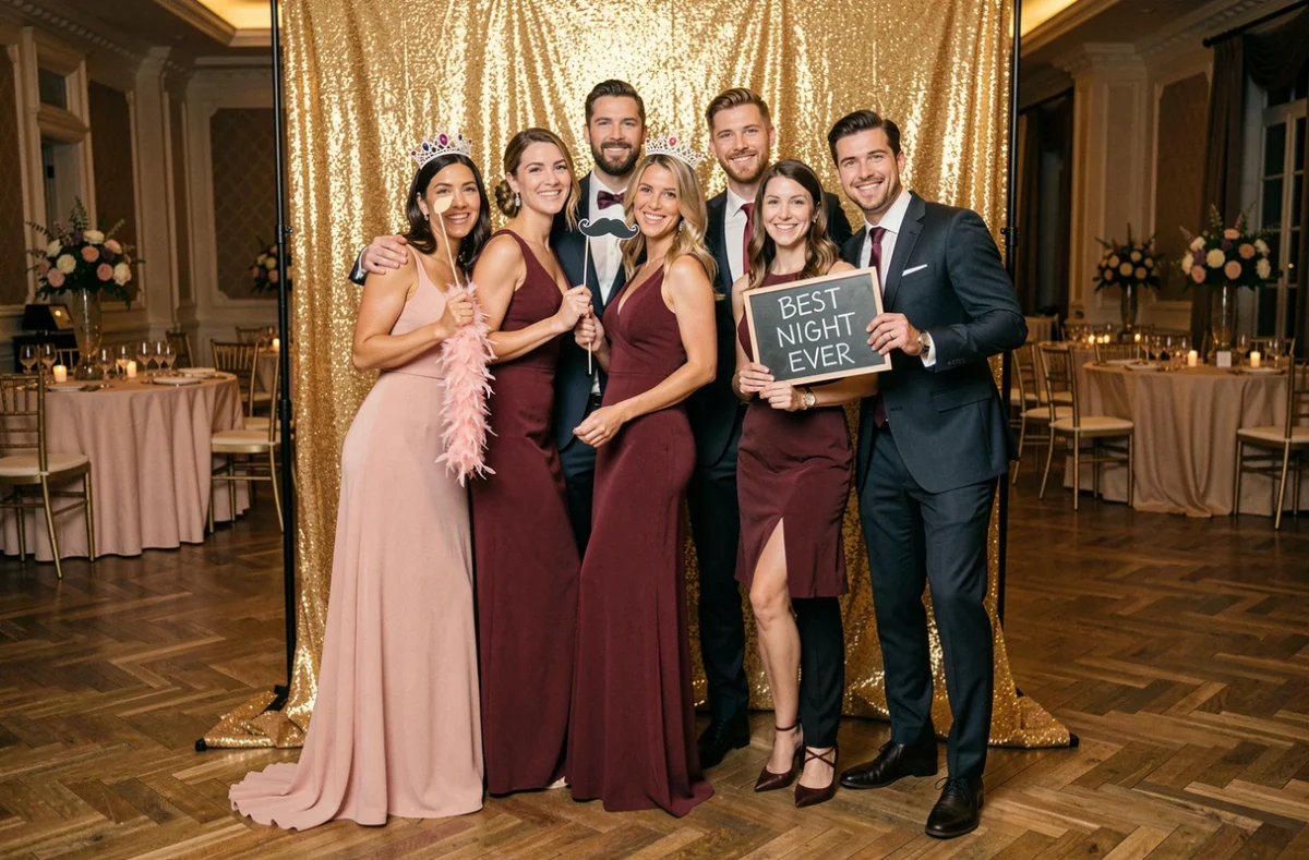 Groupe d'invités de mariage souriant dans un photobooth à fond de sequins dorés tenant des accessoires rigolos lors d'une soirée dans un salon parisien