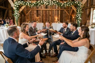 Groupe de mariés et invités jouant au jeu des chaussures lors d'une réception de mariage en grange rustique