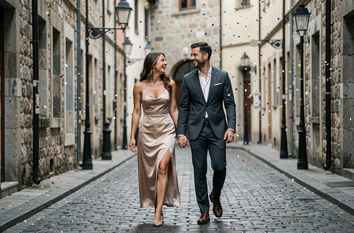 Jeunes mariés riant dans une rue pavée européenne après leur cérémonie de mariage sous une pluie de confettis