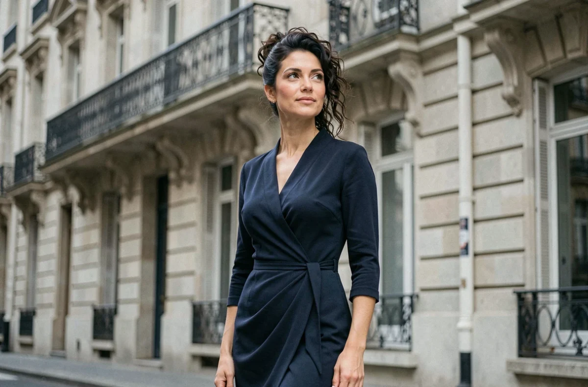 Femme française sophistiquée devant un immeuble haussmannien parisien, question sur le statut marital de Juliette Plumecocq Mech