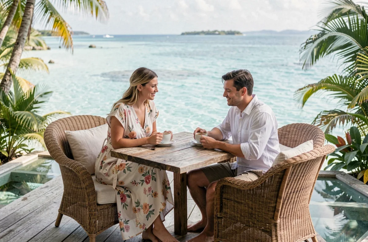 Couple en lune de miel prenant le petit-déjeuner sur la terrasse d'un bungalow sur l'eau dans un lagon tropical