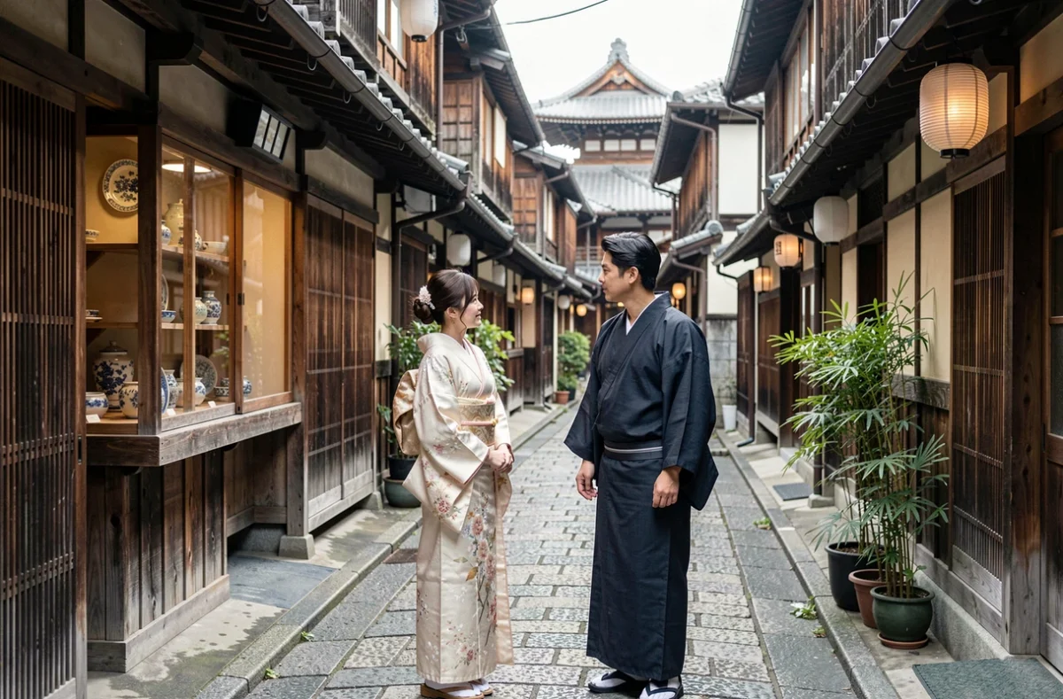 Couple de mariés en kimono traditionnel se promenant dans une ruelle historique de Kyoto lors de leur lune de miel