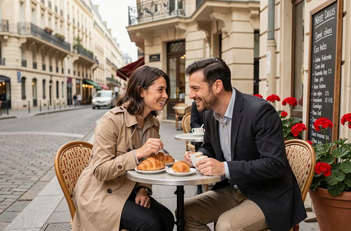 Couple en lune de miel dans un café parisien avec croissants et expressos sur une terrasse de trottoir