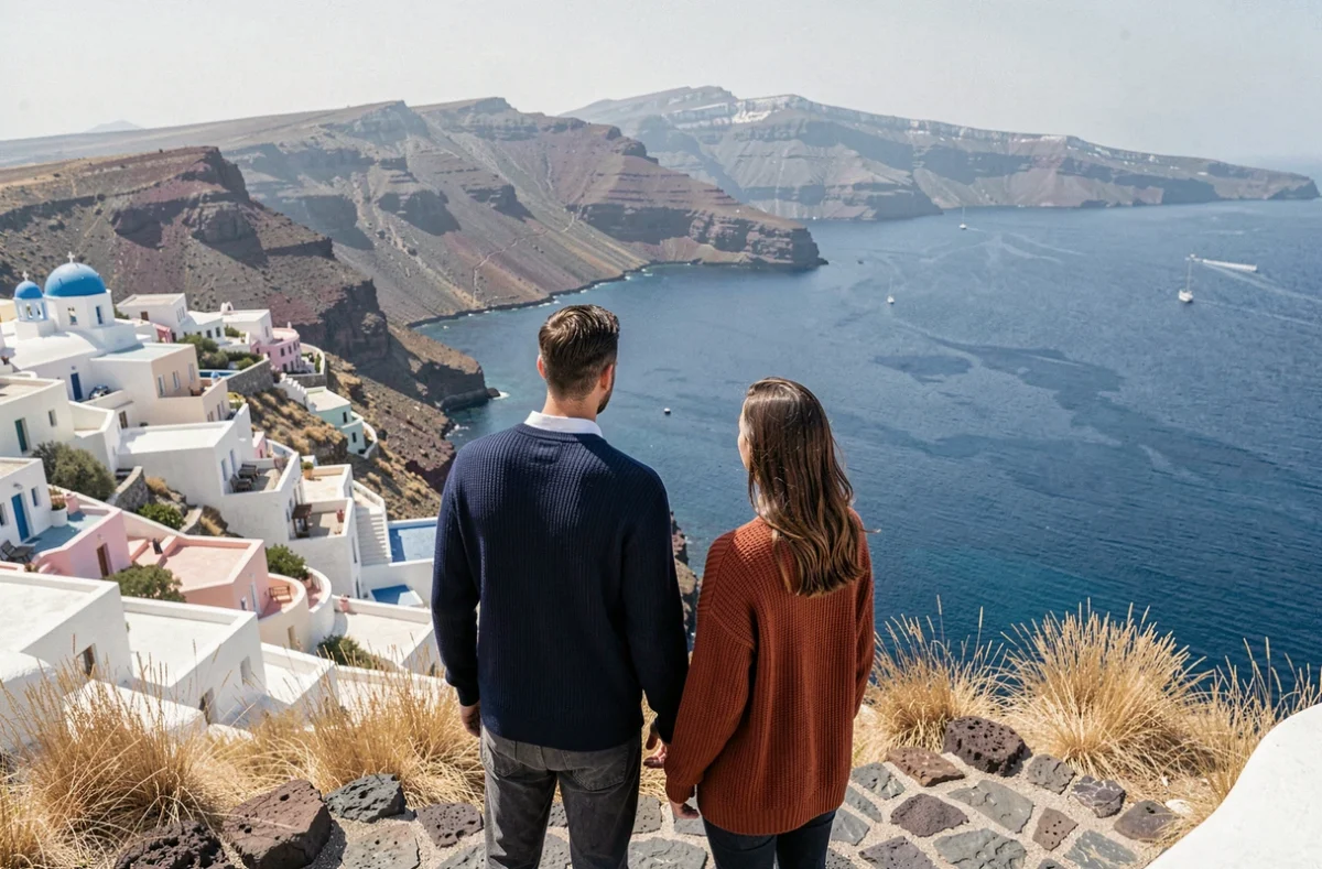 Couple en lune de miel contemplant la caldeira de Santorin depuis une falaise avec les maisons blanches et l'Égée en fond