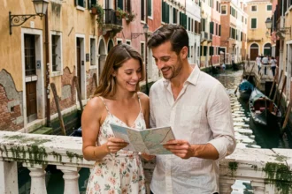 Couple en lune de miel sur un pont à Venise consultant une carte, canal et gondoles en arrière-plan