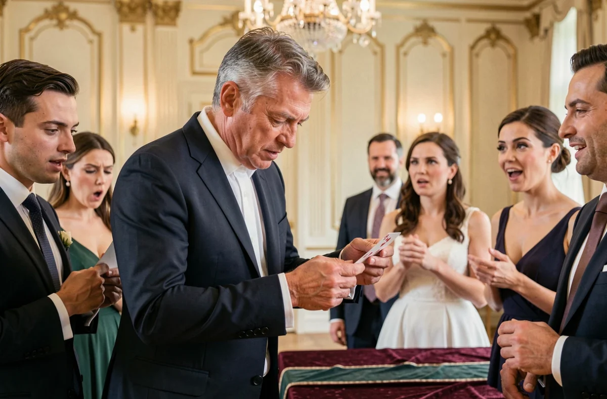 Magicien en costume marine réalisant un tour de magie pour des invités lors d'un mariage élégant dans un château