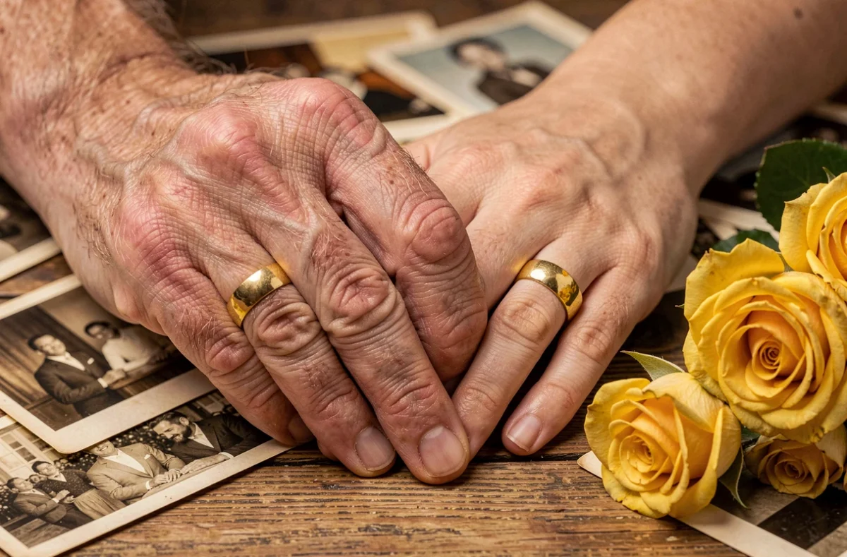 Mains de couple âgé portant des alliances en or symbolisant 50 ans de mariage noces d'or