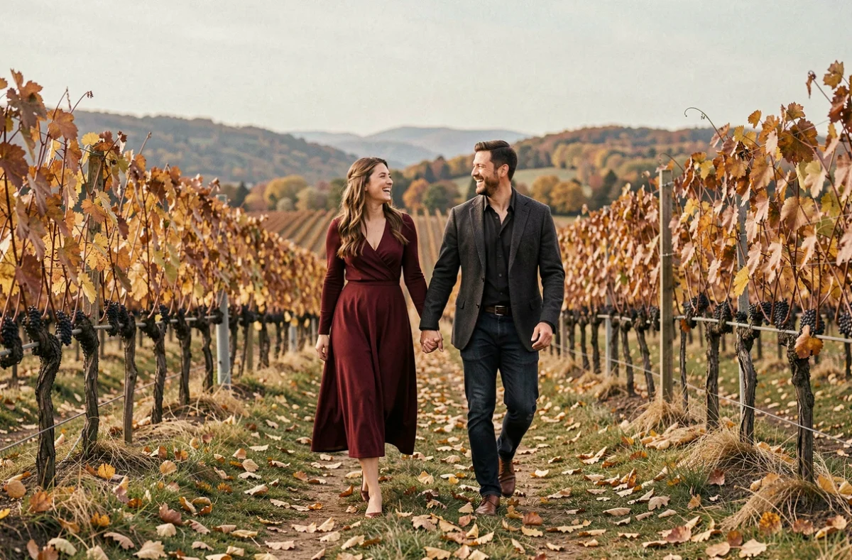 Couple de futurs mariés marchant main dans la main dans un vignoble en automne