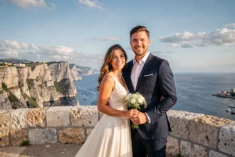 Couple en tenue de mariage semi-formelle devant le Rocher de Gibraltar avec vue sur la Méditerranée