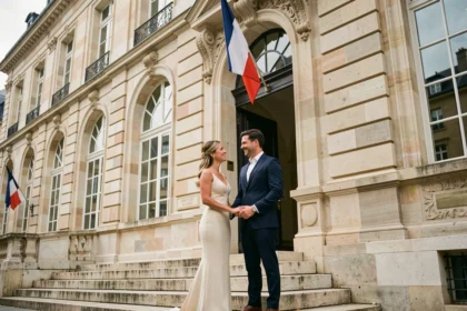 Couple de mariés souriants devant l'entrée d'une mairie française ornée d'un drapeau tricolore