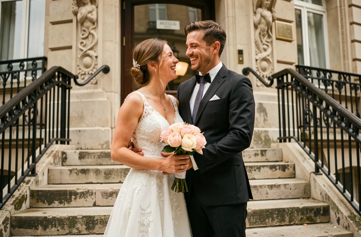 Portrait de couple après un mariage à la mairie dans un cadre urbain parisien avec des mariés souriants sur les marches en pierre