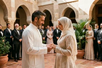 Cérémonie de mariage traditionnel dans une cour en pierre au Moyen-Orient, couple en tenues formelles échangeant des alliances